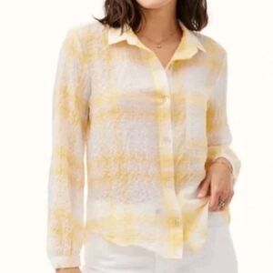 Bella Dahl Crinkle Button Front Shirt M Butter Yellow Plaid
